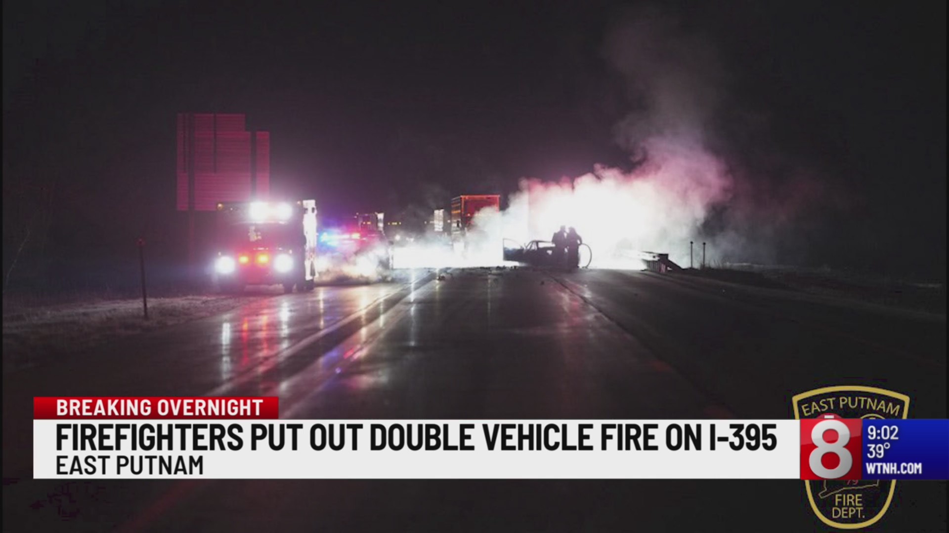 Tractor-trailer, car catch fire after crashing on I-395 in East Putnam