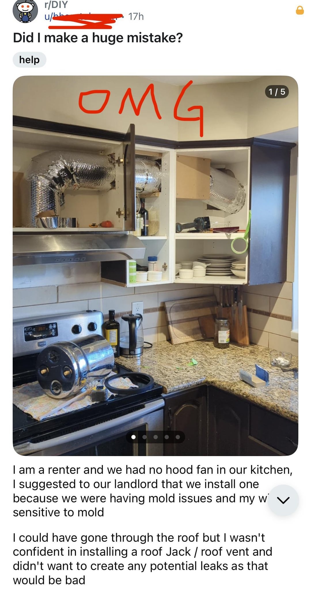 Kitchen with a vent pipe installation inside open cupboards. Text: Tenant debates decision on DIY kitchen ventilation