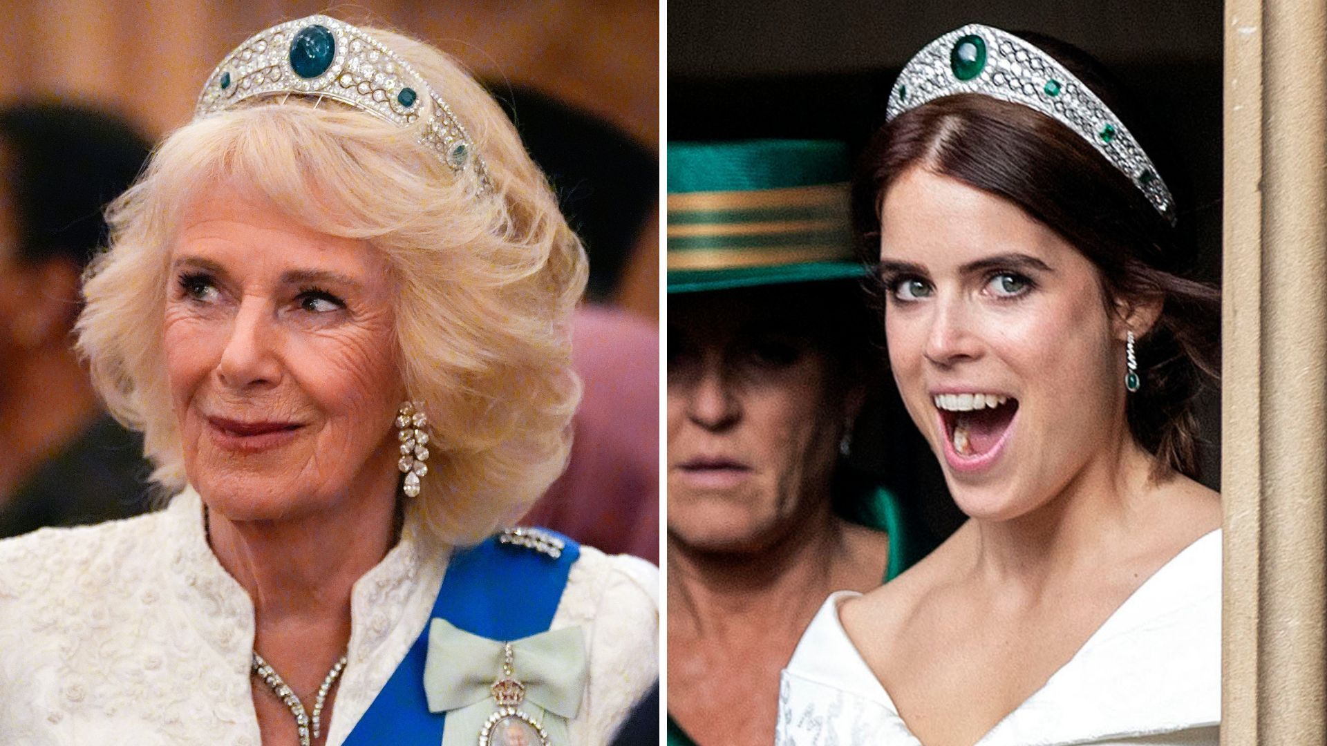 Queen Camilla's faux pas with Princess Eugenie's £10m bridal tiara caught  on camera