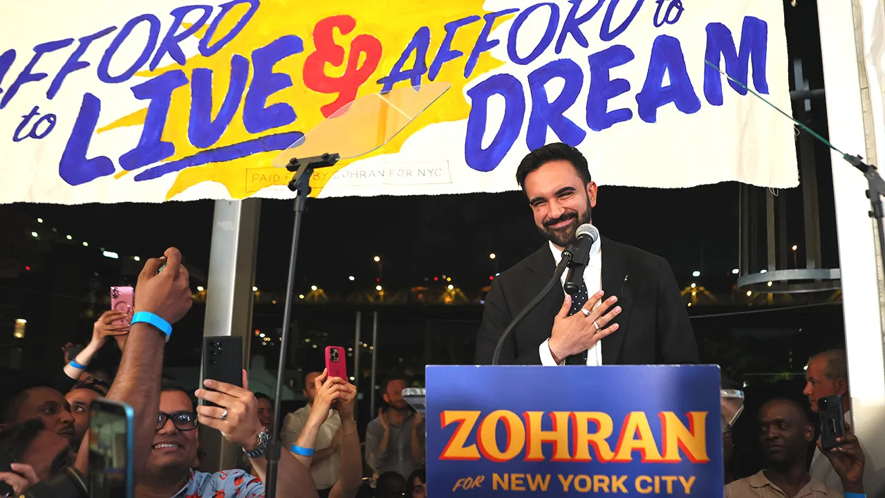 New York Mayor-electZohran Mamdani speaks to supporters during an election night gathering.