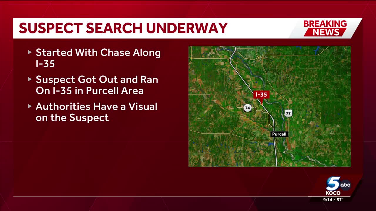 Suspect search underway after chase along I-35 ends near Purcell