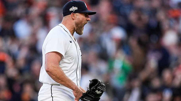 Tigers pitcher Will Vest celebrates 9-3 win over Mariners at Game 4 of ALDS at Comerica Park in Detroit on Wednesday, Oct. 8, 2025. | Junfu Han / USA TODAY NETWORK via Imagn Images