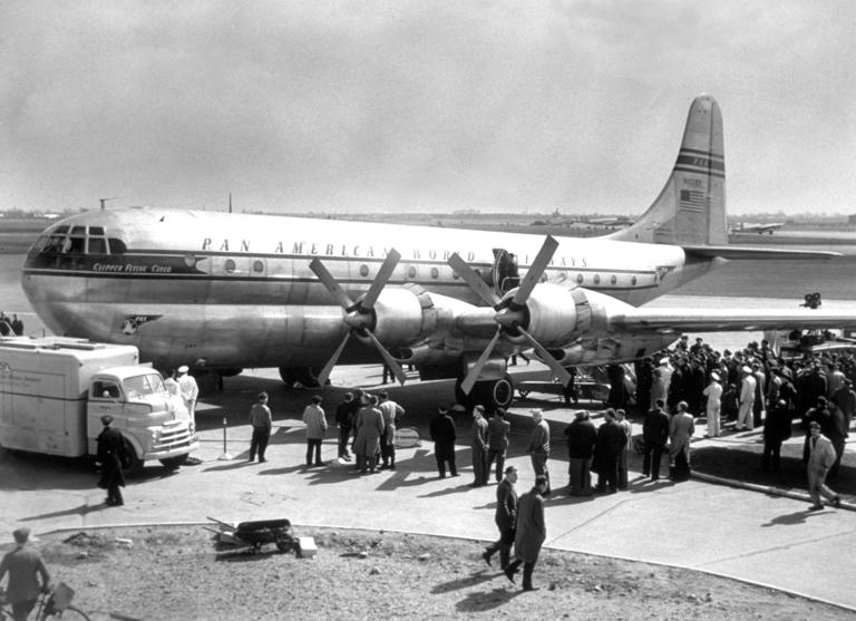 1949: The Pan-American World Airways clipper 'Flying Cloud', the first of a fleet which will fly between New York and London. (Photo by Topical Press Agency/Getty Images)