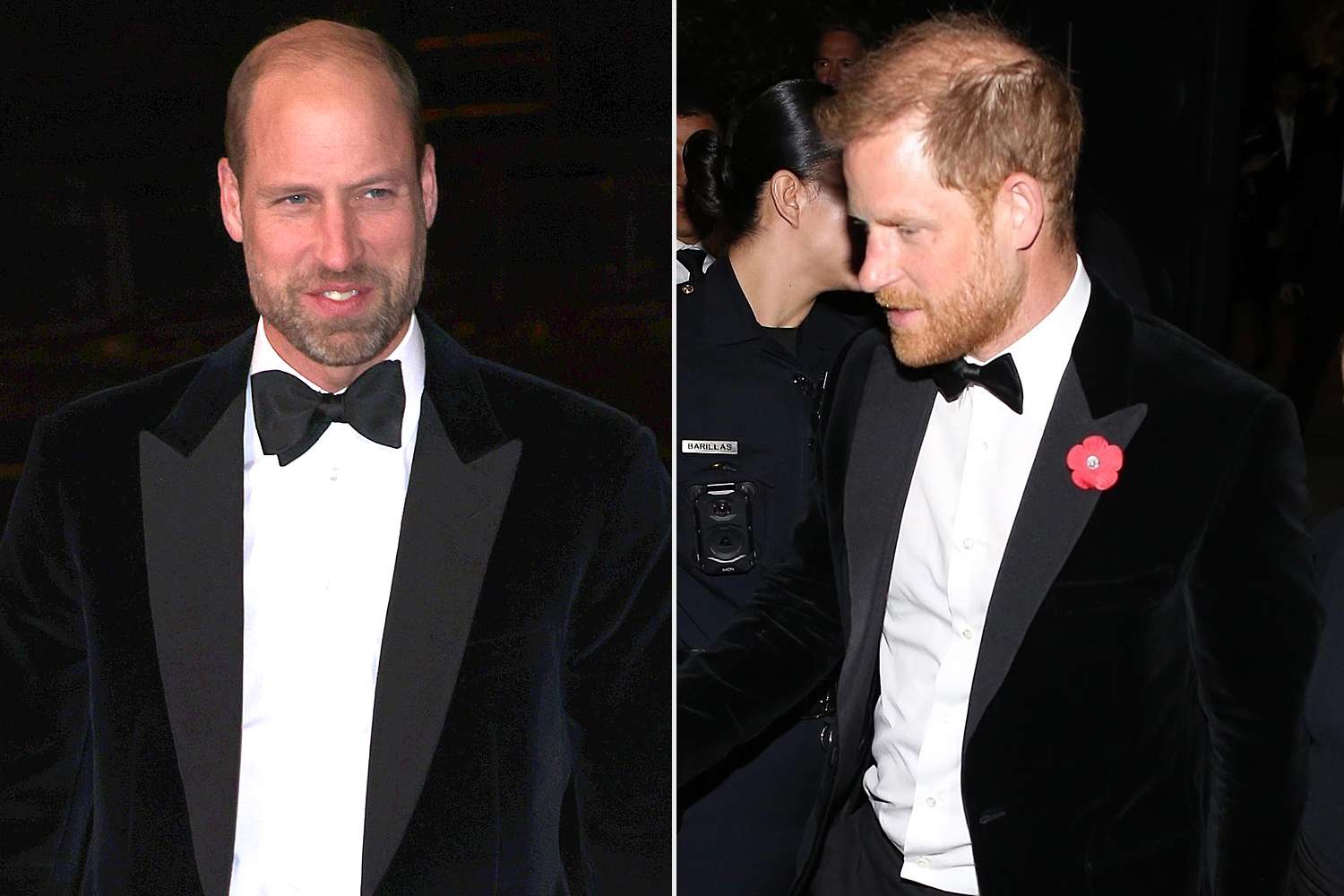 Jonathan Buckmaster/WPA Pool/Shutterstock ; BACKGRID (Left) Prince William at the Royal Variety Performance at Royal Albert Hall in London on Nov. 19, 2025; (Right) Prince Harry leaves Kris Jenner's birthday party in Beverly Hills on Nov. 8, 2025