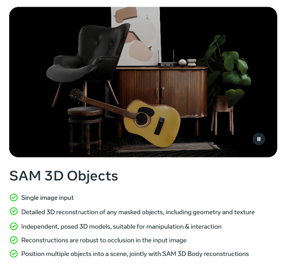 1枚の写真から目的の人間や物体だけを切り抜いて3Dモデル化できるAI「SAM 3D Body」＆「SAM 3D Objects」をMetaが公開