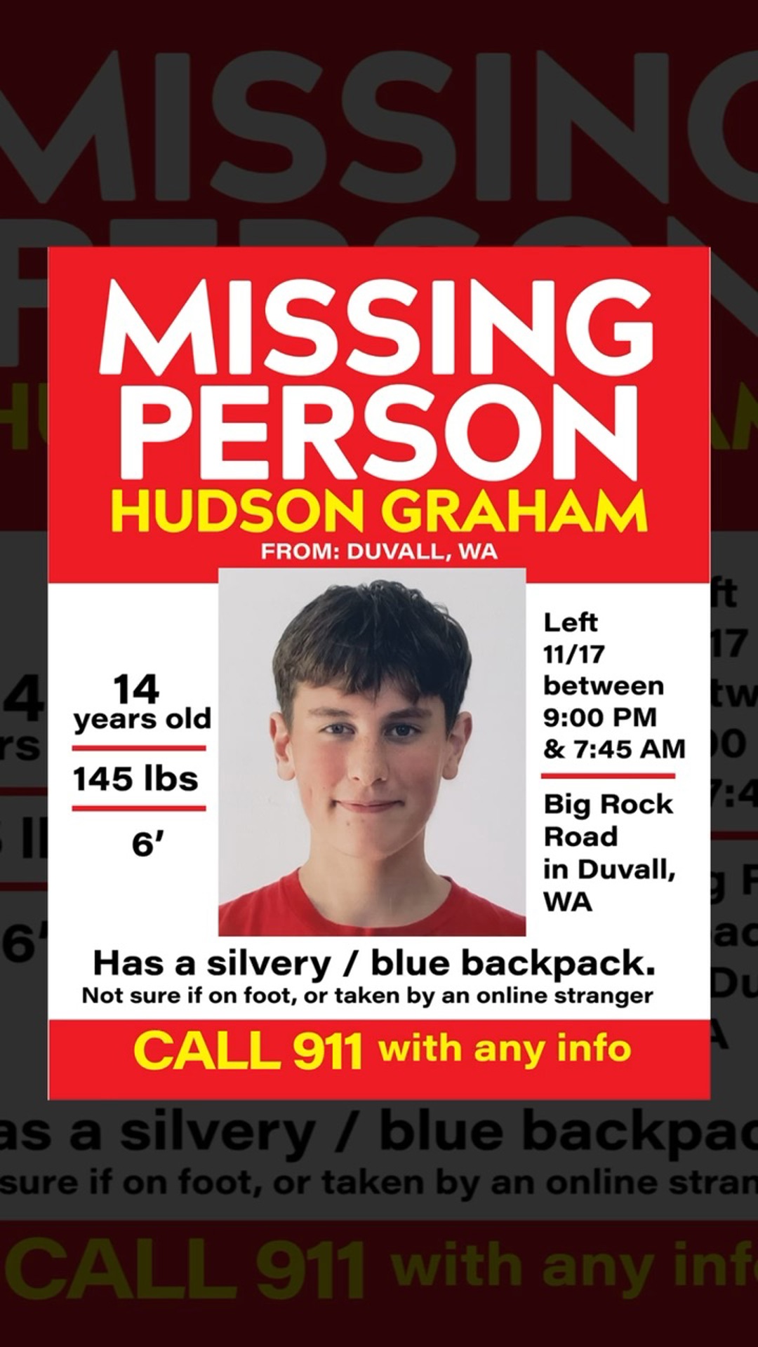 Urgent search underway for missing 14-year-old from Duvall