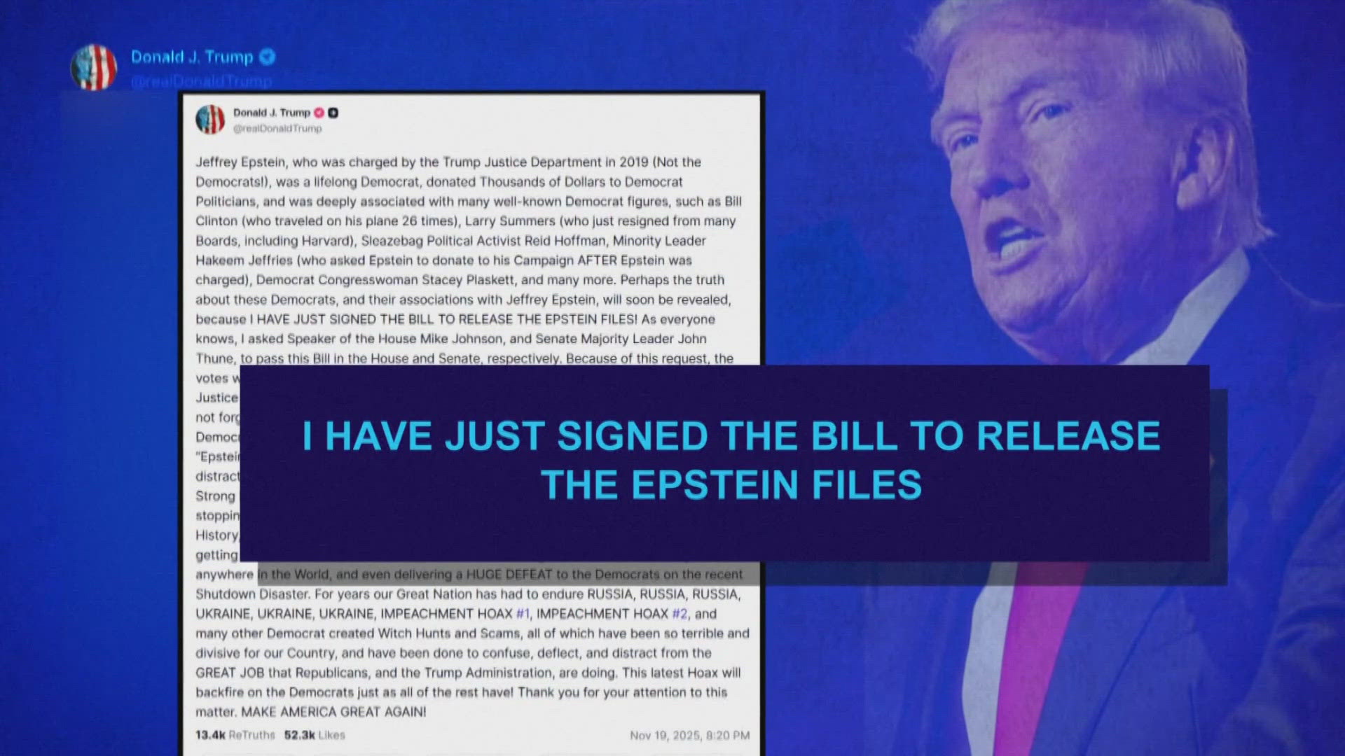 President Donald Trump signs bill to release Jeffrey Epstein files ...