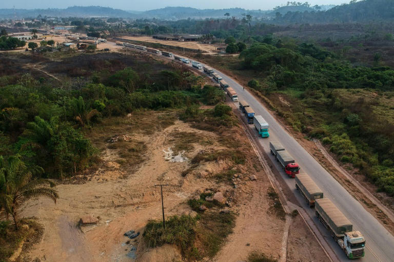 Vista aérea de caminhões formando fila ao longo da rodovia BR-163 na floresta amazônica, em 11 de setembro de 2019