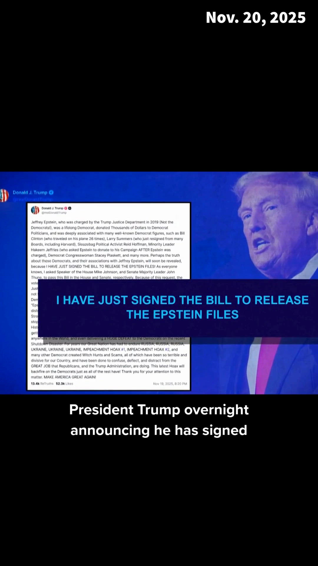 President Donald Trump signs bill to release Jeffrey Epstein files ...