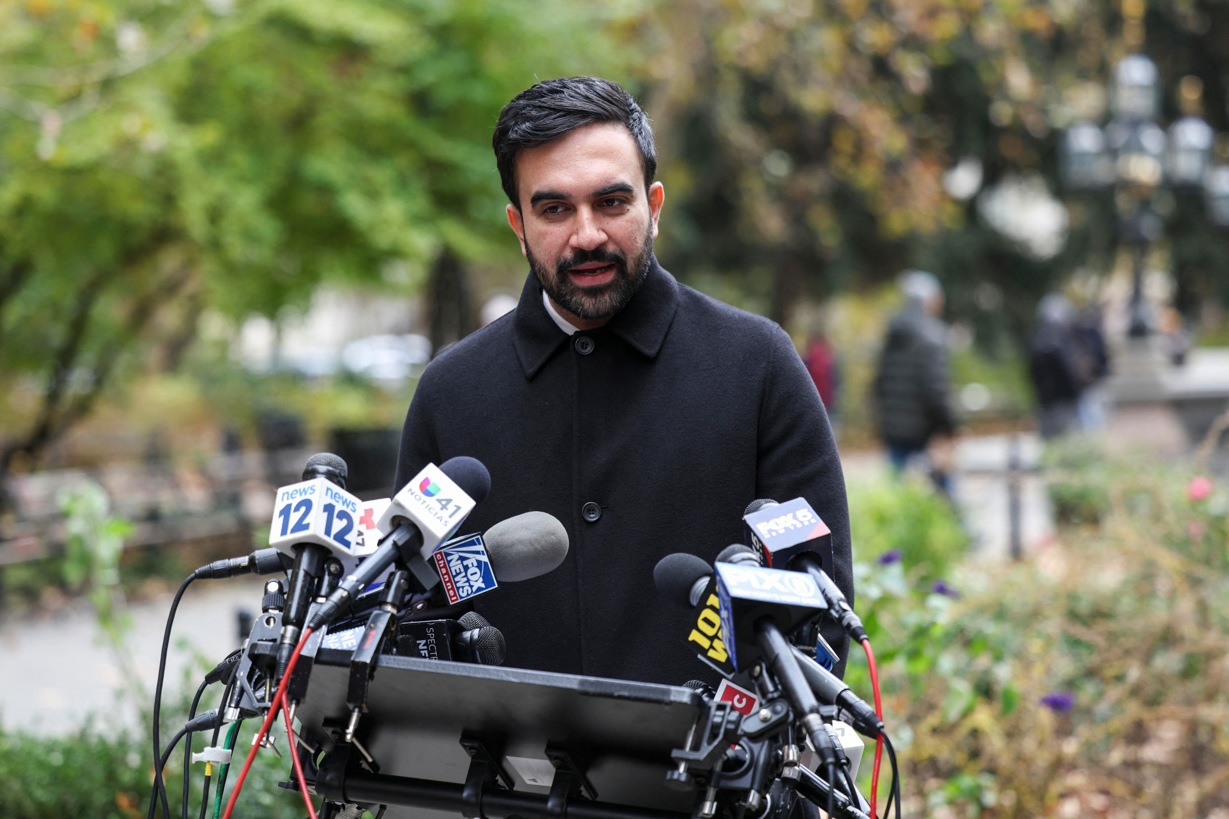 New York City Mayor-elect Zohran Mamdani speaks during a news conference at City Hall Park on November 20, 2025. / Credit: ANGELA WEISS/AFP via Getty Images