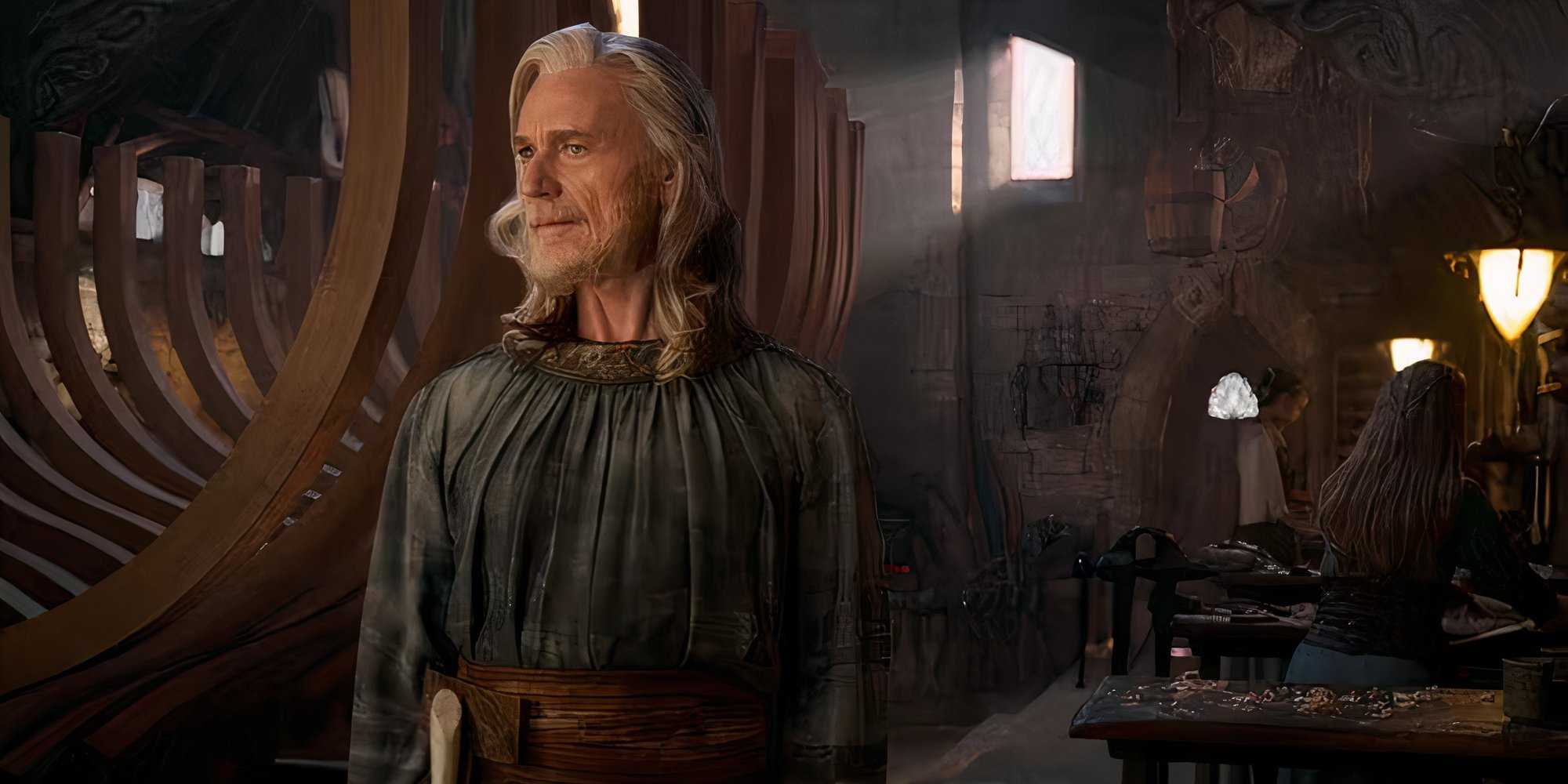 Ben Daniels as Cirdan Standing in a grand hall in Lord of the Rings The Rings of Power Season 2