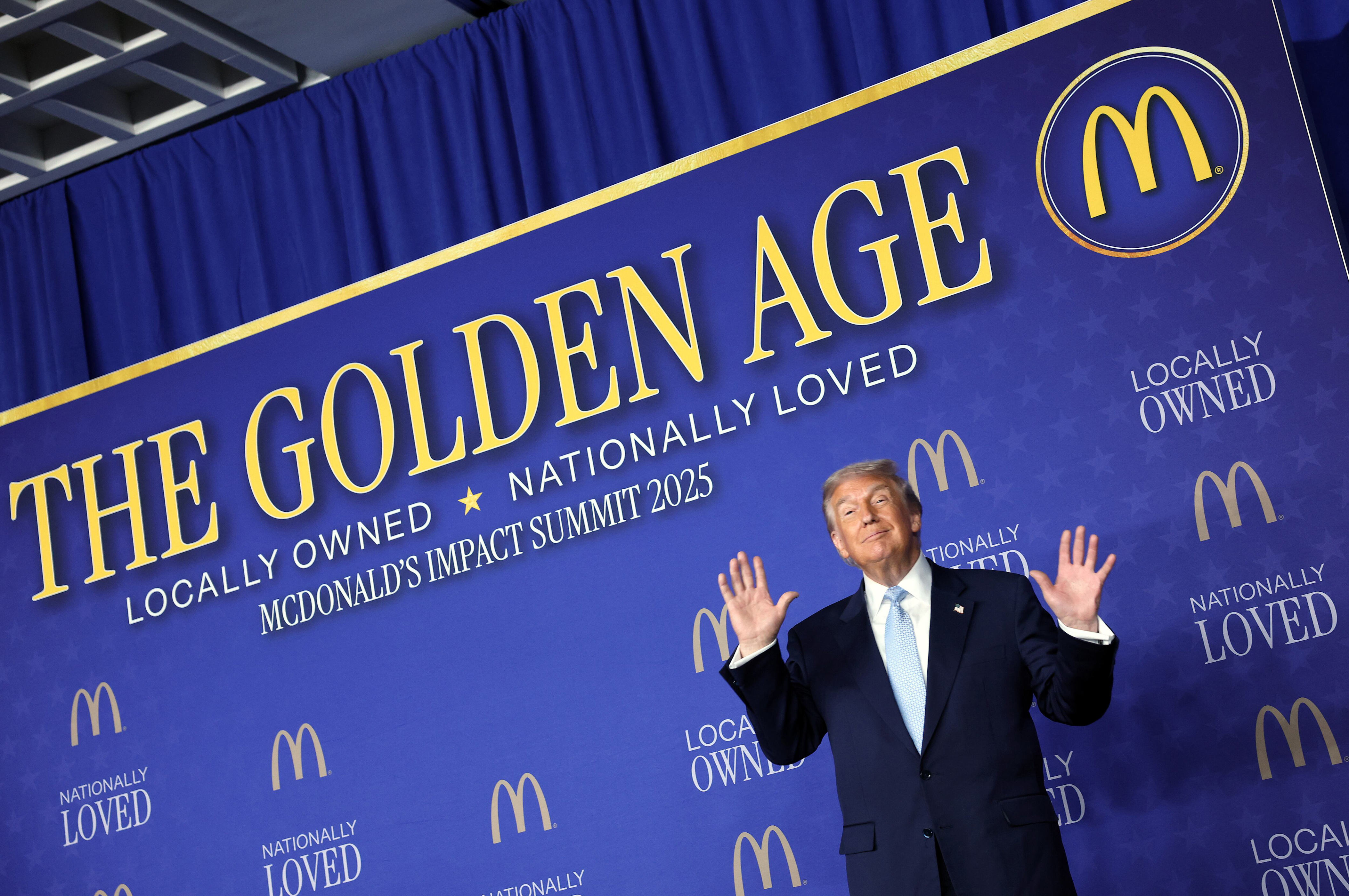 President Donald Trump declared at McDonald’s Impact Summit on Tuesday that he has ushered in “the golden age of America,” arguing, “We are doing better we’ve ever done as a country. Prices are coming down and all of that stuff.” / Win McNamee/Getty Images