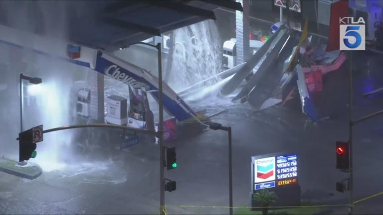 Geyser from sheared hydrant collapses California gas station awning