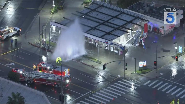 Geyser from sheared hydrant collapses California gas station awning