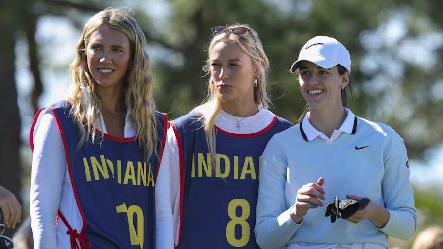 Nov 12, 2025; Belleair, Florida, USA; Indiana Fever guard Sophie Cunningham (8) and guard Lexie Hull (10) look on as guard Caitlin Clark (22) plays in the Annika Pro-Am golf tournament at Pelican Golf Club. Mandatory Credit: Nathan Ray Seebeck-Imagn Images | Nathan Ray Seebeck-Imagn Images