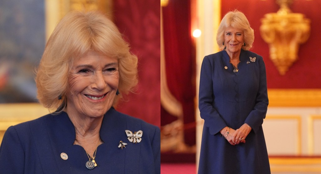 Queen Camilla Adorns Blue Anna Valentine Dress With Two Brooches From Her&nbsp;Collection