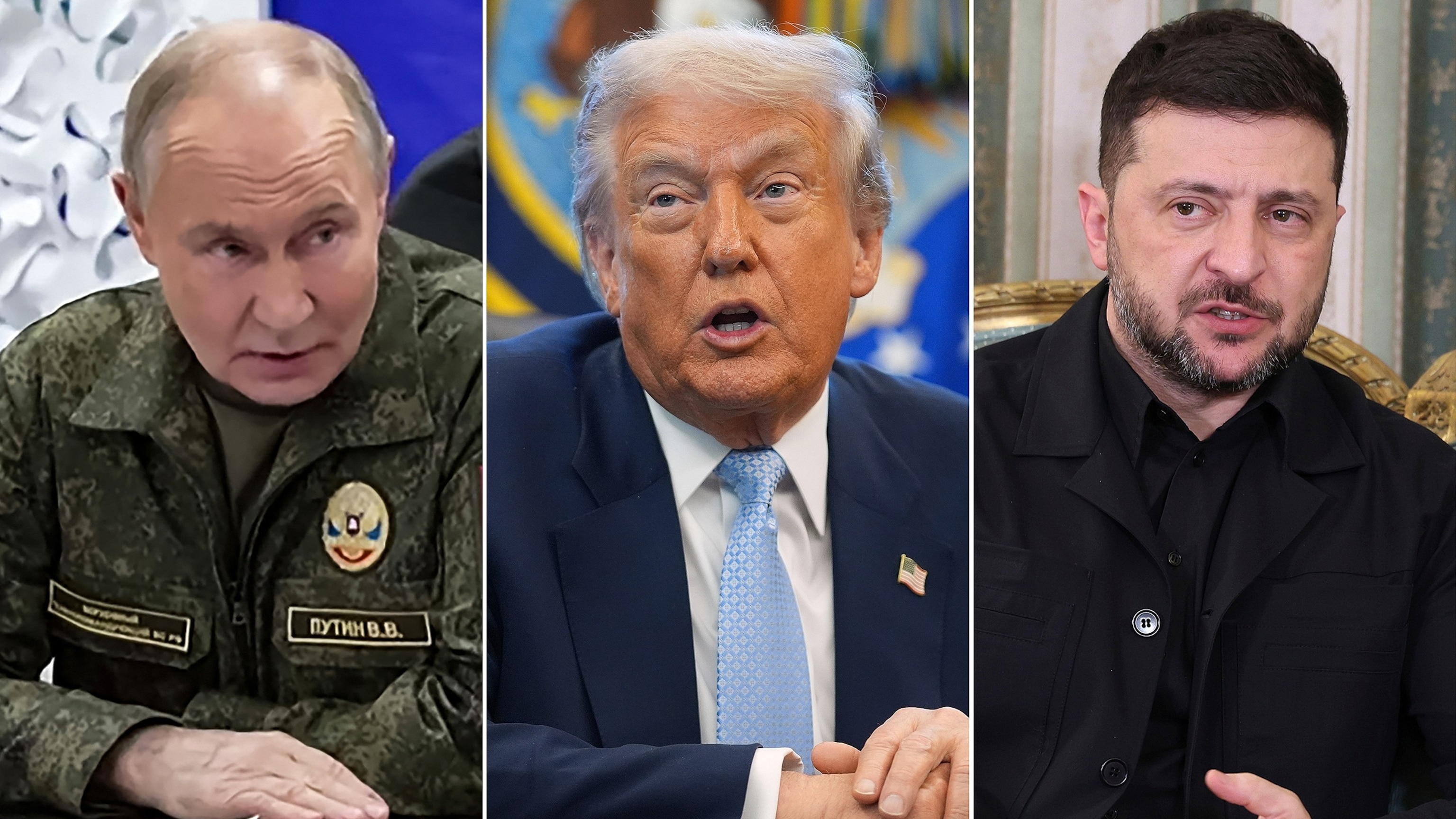 AFP via Getty Images/AP - PHOTO: Russia's President Vladimir Putin in Russia, Nov. 20, 2025, President Donald Trump in Washington, Nov. 17, 2025 and Ukrainian President Volodymyr Zelenskyy in Athens, Greece, Nov. 16, 2025.