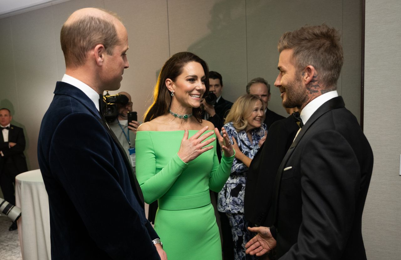 Getty Images Prince William, Kate Middleton, and Sir David Beckham at the 2022 Earthshot Prize Awards Ceremony.
