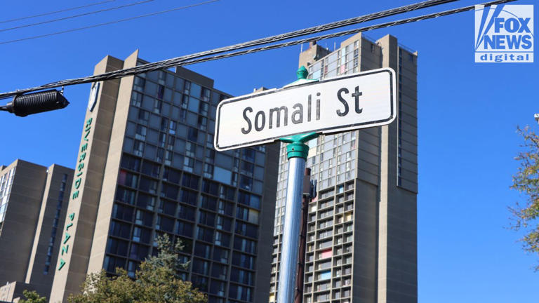 A street sign for "Somali St" is pictured with Riverside Plaza in the background in Minneapolis’ Cedar–Riverside neighborhood. Fox News