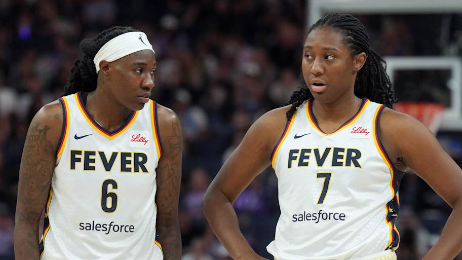 Aug 31, 2025; San Francisco, California, USA; Indiana Fever forwards Natasha Howard (6) and Aliyah Boston (7) stand on the court during the third quarter against the Golden State Valkyries at Chase Center. Mandatory Credit: Darren Yamashita-Imagn Images | Darren Yamashita-Imagn Images