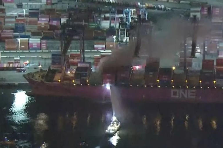 Huge cargo ship fire at Port of LA triggers major emergency as 100 ...