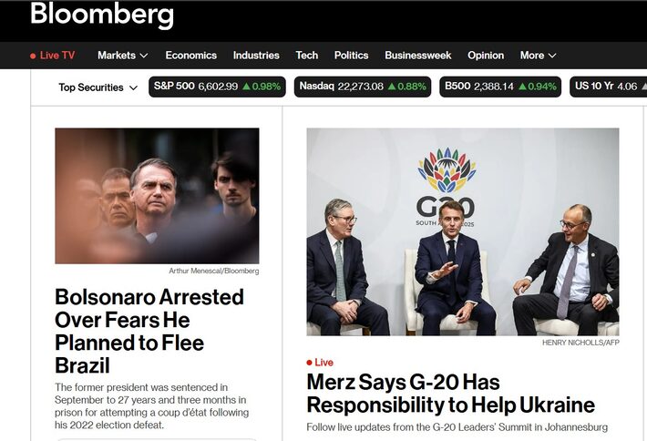 Bloomberg também destacou prisão de Bolsonaro Foto: Reprodução via Bloomberg