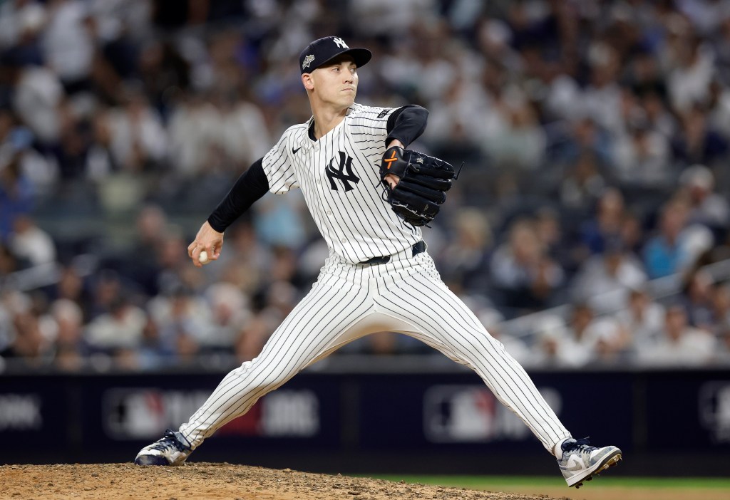 NEW YORK, NEW YORK – SEPTEMBER 30: (NEW YORK DAILIES OUT) Luke Weaver #30 of the New York Yankees in action against the Boston Red Sox during game one of the American League Wild Card Series at Yankee Stadium on September 30, 2025 in New York City. The Red Sox defeated the Yankees 3-1. (Photo by Jim McIsaac/Getty Images)