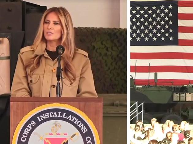 First Lady Melania Trump spricht auf der Marine Corps Air Station New River über die Rolle künstlicher Intelligenz in der künftigen Kriegsführung.