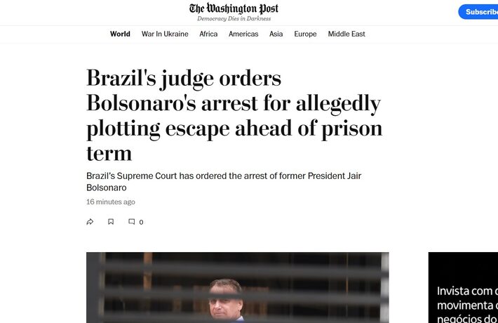 Jornal americano reproduziu notícia da agência AP sobre prisão de Bolsonaro Foto: Reprodução via The Washington Post