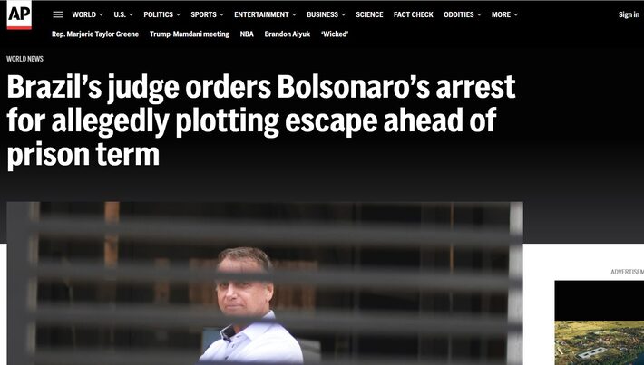 Agência AP destacou motivo da prisão de Bolsonaro Foto: Reprodução via AP