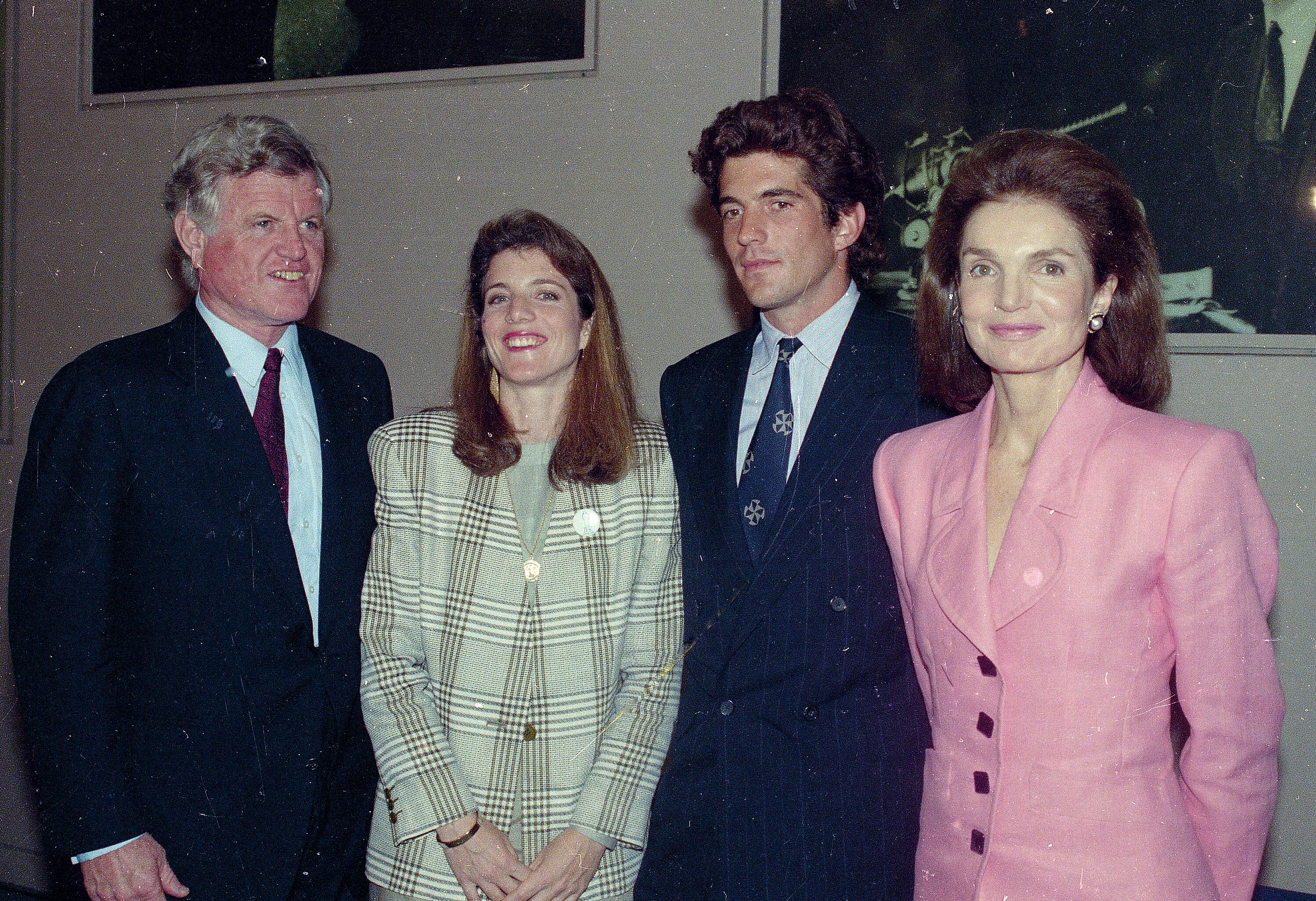 Sen. Edward Kennedy, left, is joined at the John F. Kennedy Library in Boston by Jacqueline Kennedy Onassis,right, and her children Caroline Kennedy and John Kennedy, Jr., at the announcement of the creation of an annual