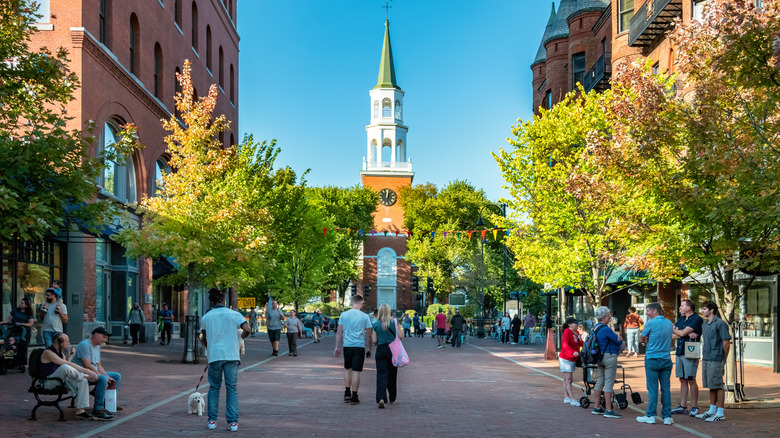 A sunny day at the Church Street Marketplace in Burlington, Vermont