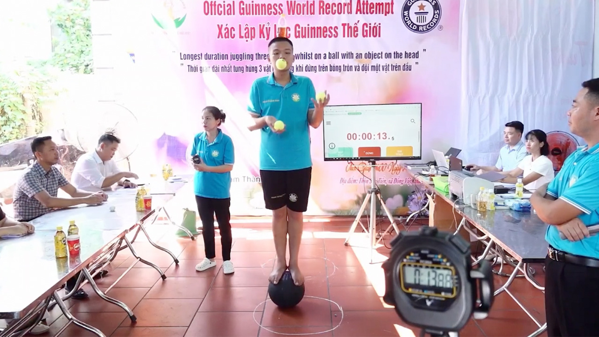 Longest duration juggling three objects whilst on a ball with an object ...