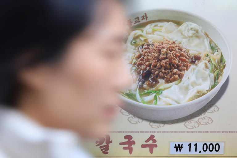 '면플레이션' 지속, 지난달 칼국수값 또 올라 (서울=연합뉴스) 신현우 기자 = '면플레이션'(면과 인플레이션 합성어·면 물가 상승) 현상이 지속되면서 지난달 서울 지역 자장면과 칼국수값이 또 올랐다. 12일 한국소비자원 가격정보종합포털 '참가격'에 따르면 서울 기준 소비자가 많이 찾는 8개 외식 대표 메뉴 중 자장면은 지난 9월 7천308원에서 지난달 7천385원으로 77원(1.05%) 올랐다. 칼국수도 같은 기간 9천308원에서 9천385원으로 77원(0.82%) 비싸졌다. 사진은 이날 오후 서울 명동거리 한 식당 메뉴판. 2024.11.12 nowwego@yna.co.kr/2024-11-12 15:27:38/