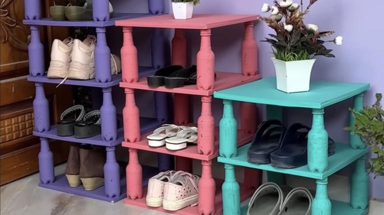 An Affordable DIY Shoe Rack That'll Make Use Of Your Empty Water Bottles
