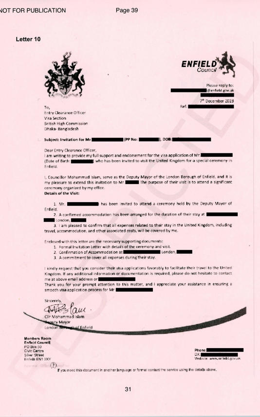 Redacted letter sent from Mohammad Amirul Islam written on Enfield Council letterhead to British High Commission in Dhaka, Bangladesh endorsing the visa application