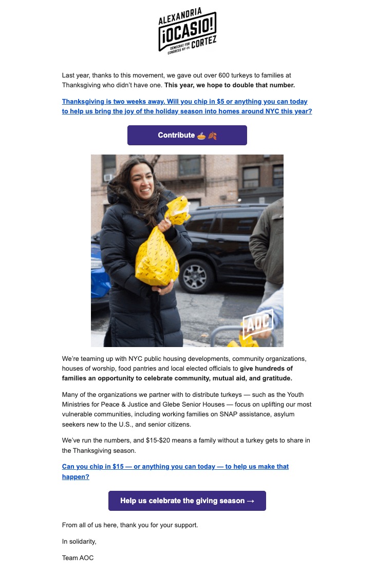 AOC email seeks donations for turkey giveaway — but money goes straight ...