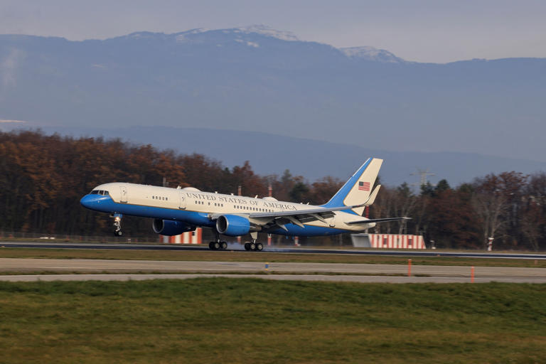 Valentin Flauraud/AFP via Getty Images - PHOTO: A plane believed to be transporting a U.S. delegation including Secretary of State Marco Rubio, lands at Geneva airport, in Switzerland, on Nov. 23, 2025.