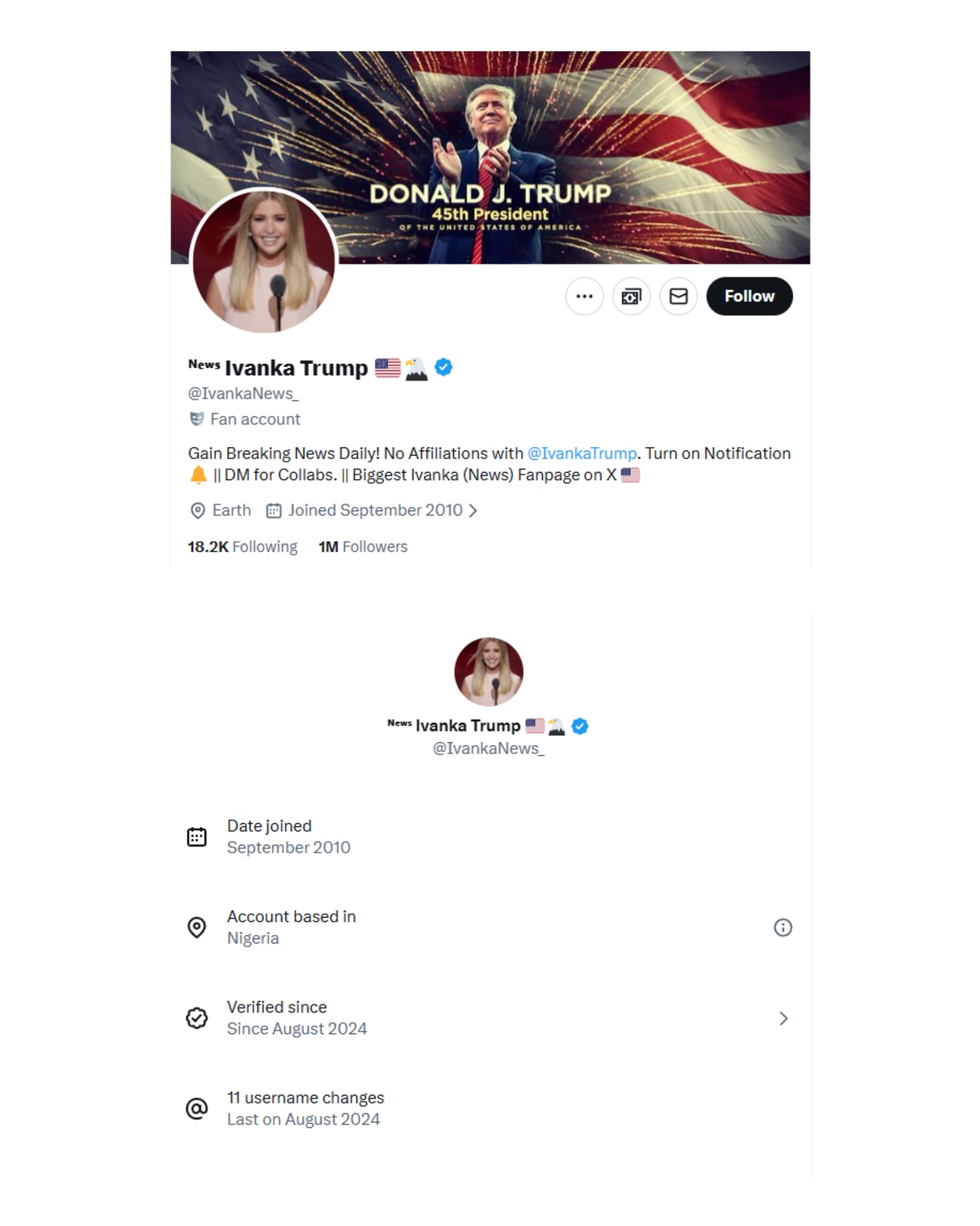 The X account IvankaNews_ with account information showing it is based in Nigeria. / X