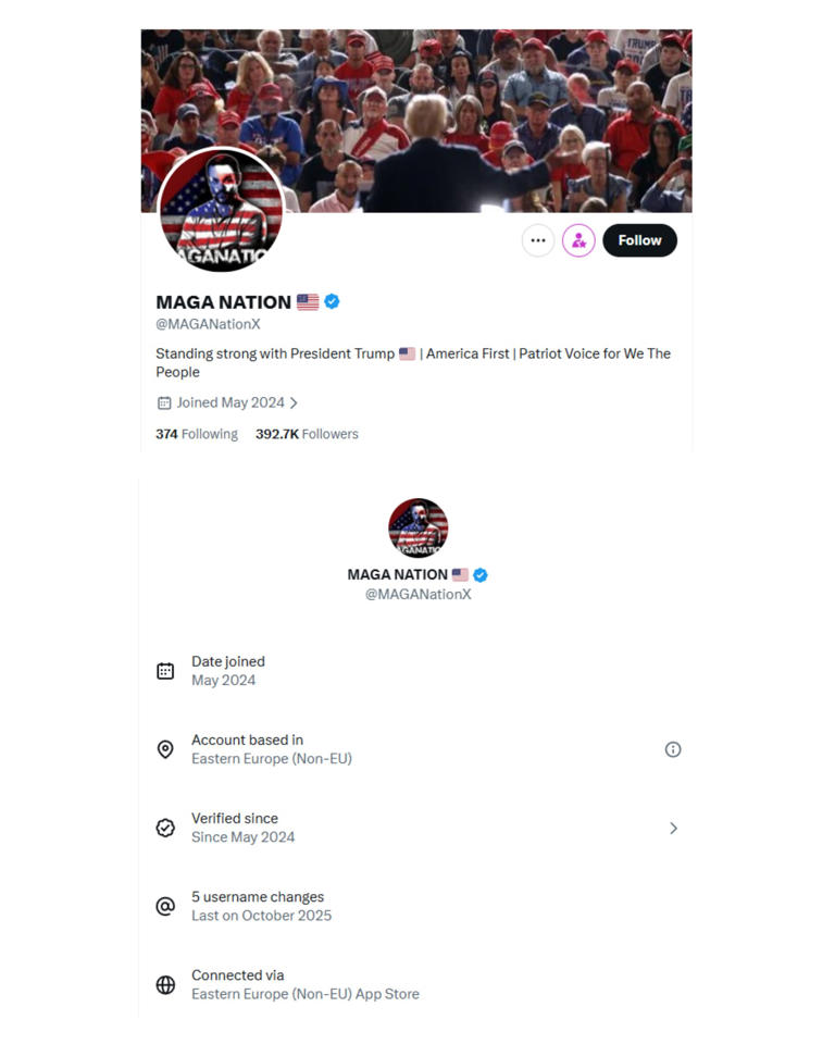 The X account MAGANationX with account information showing it is based in Eastern Europe. / X