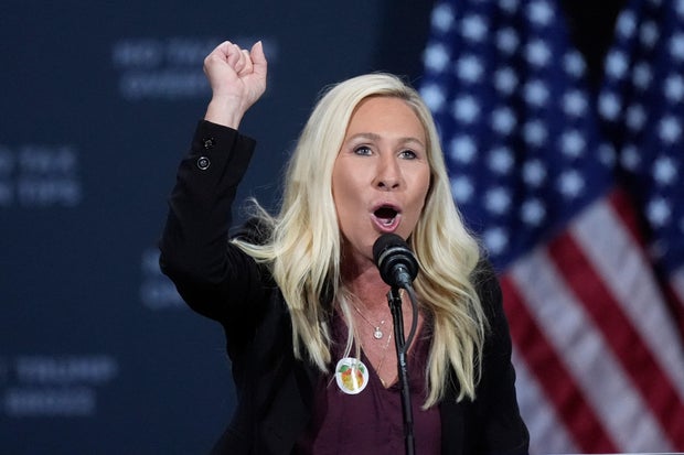 FILE - Rep. Marjorie Taylor Greene, R-Ga., speaks before Republican presidential nominee former President Donald Trump at a campaign event at the Cobb Energy Performing Arts Centre, Oct. 15, 2024, in Atlanta. John Bazemore / AP