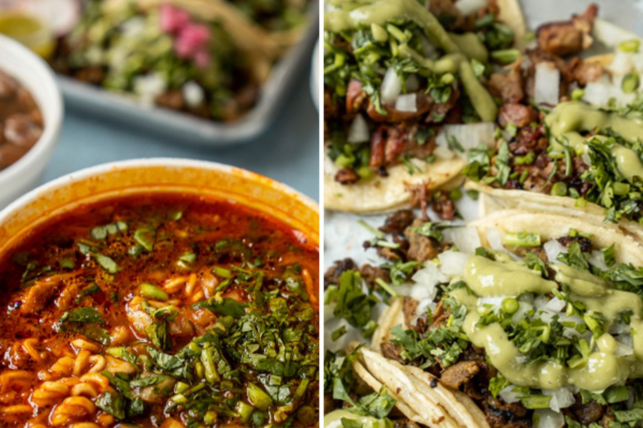 A closeup of a birria soup and street tacos with garnishes served on a white surface