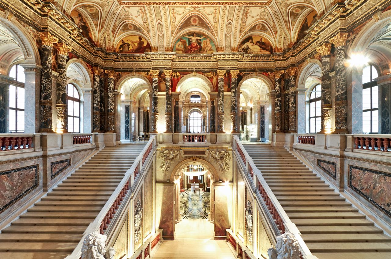 Interior staircase at Kunsthistorisches Museum in Vienna, Austria.