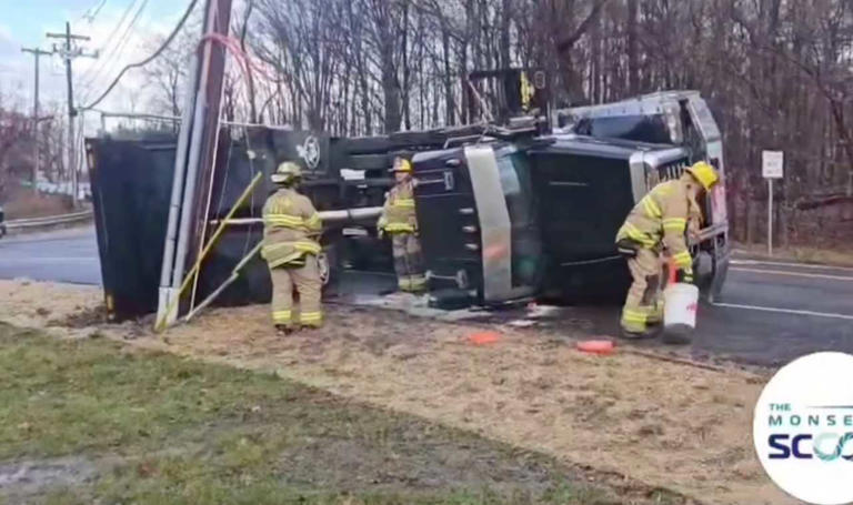 Dump truck overturns, brings down utility pole in Rockland: Driver rescued