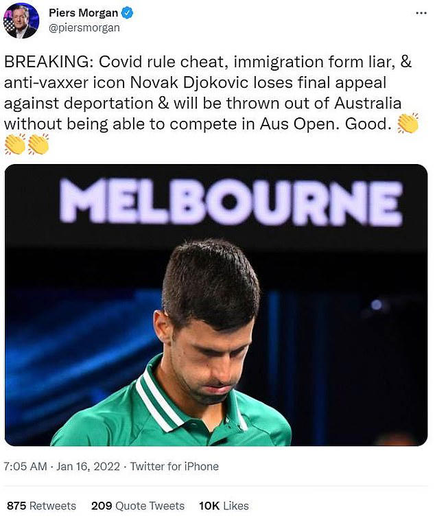 Piers Morgan apologises to Novak Djokovic after branding him a liar ...