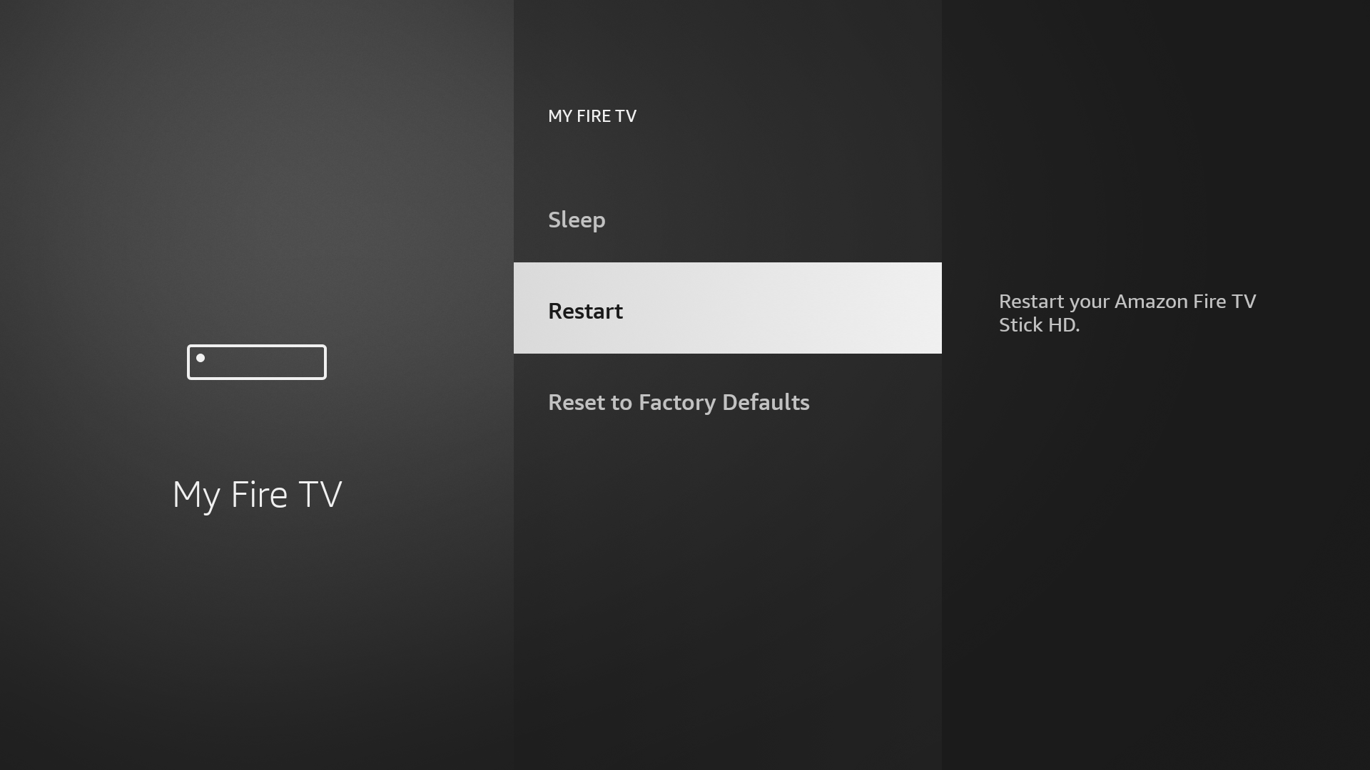 The Restart option on a Fire Stick.