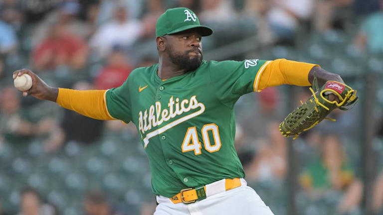 Jul 11, 2025; West Sacramento, California, USA; Athletics pitcher Luis Severino (40) throws a pitch against the Toronto Blue Jays during the third inning at Sutter Health Park. Mandatory Credit: Ed Szczepanski-Imagn Images | Ed Szczepanski-Imagn Images