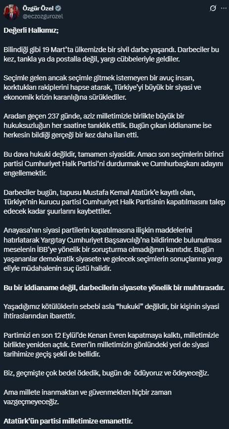 İBB iddianamesine Özgür Özel'den ilk tepki