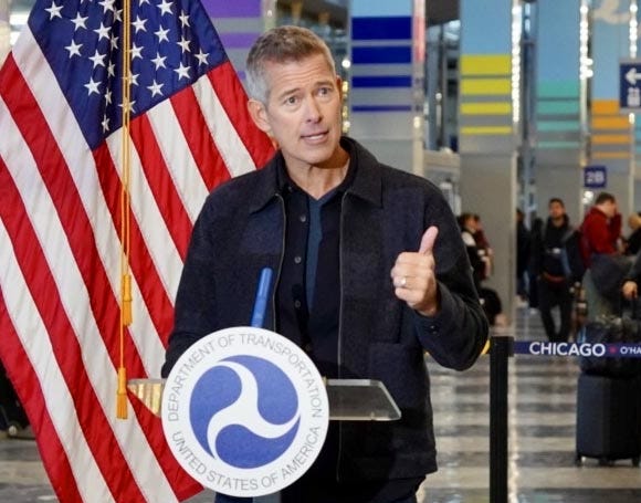 U.S. Transportation Secretary Sean Duffy discusses the cuts to air traffic on Nov. 11 at O'Hare International Airport in Chicago.