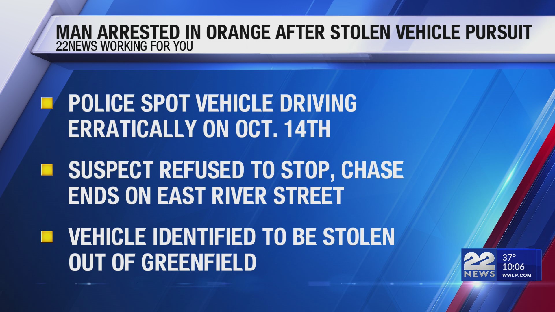 Stolen vehicle pursuit ends in arrest in Orange